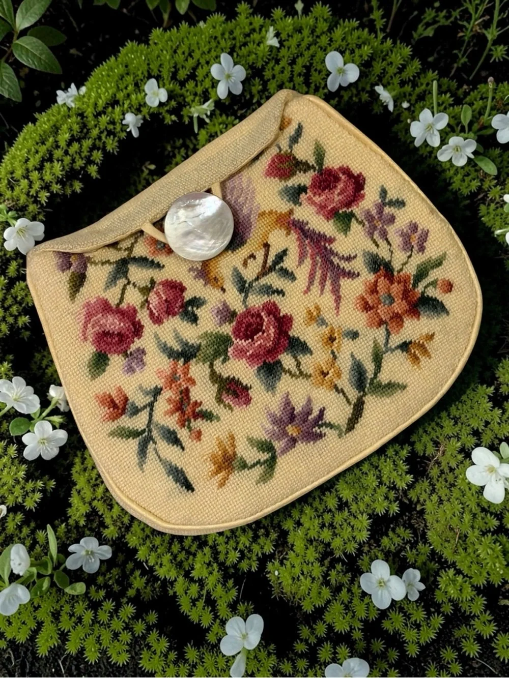 1920’s-30’s Needle Point Floral Clutch with Large Abalone Pearl Saucer Closure